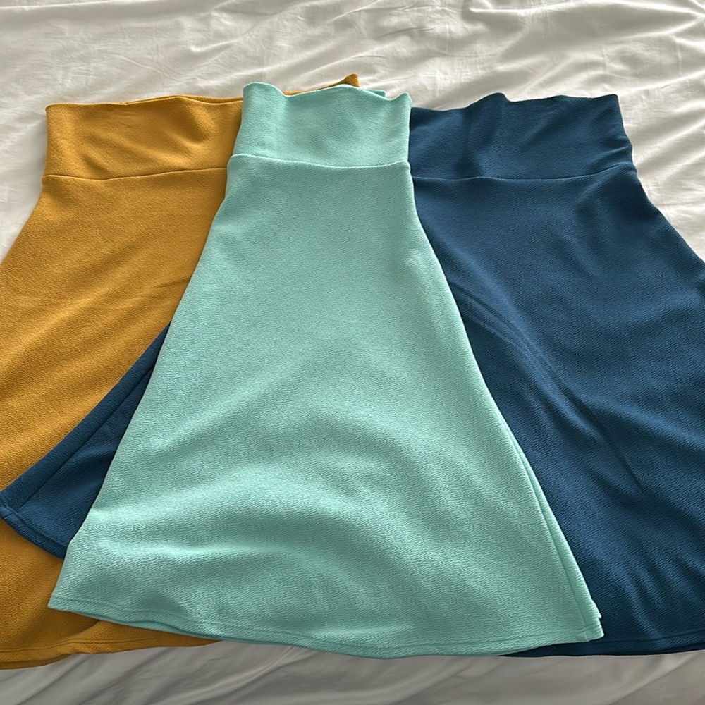 LuLaRoe A-Line Skirts in Mustard, Mint, and Navy